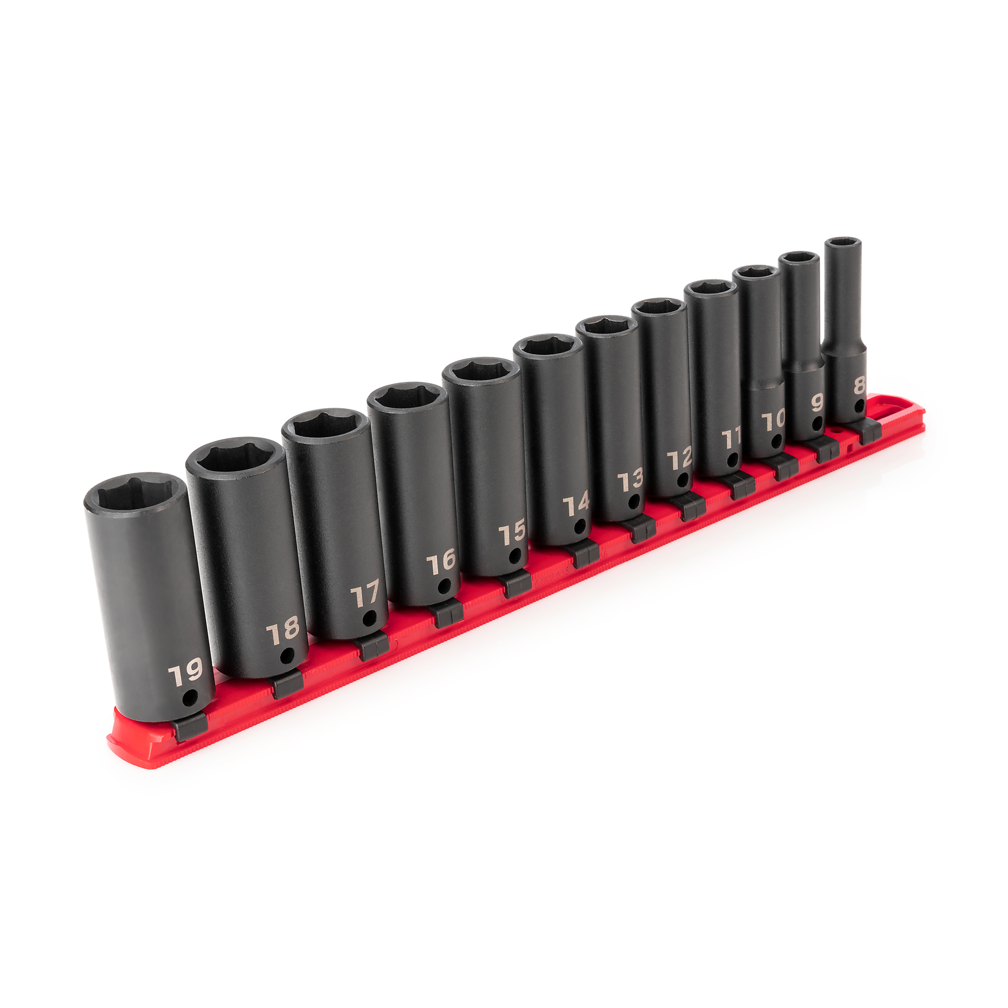 TEKTON 3/8 Inch Drive Deep 6-Point Impact Socket Set with Rail, 12-Piece (8 - 19 mm) | SID91103